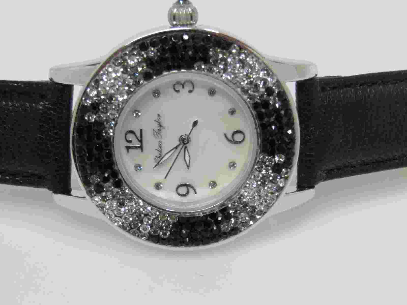 Chelsea Taylor Crystal Round Mother-of-Pearl Dial Leather Strap Watch  Black
