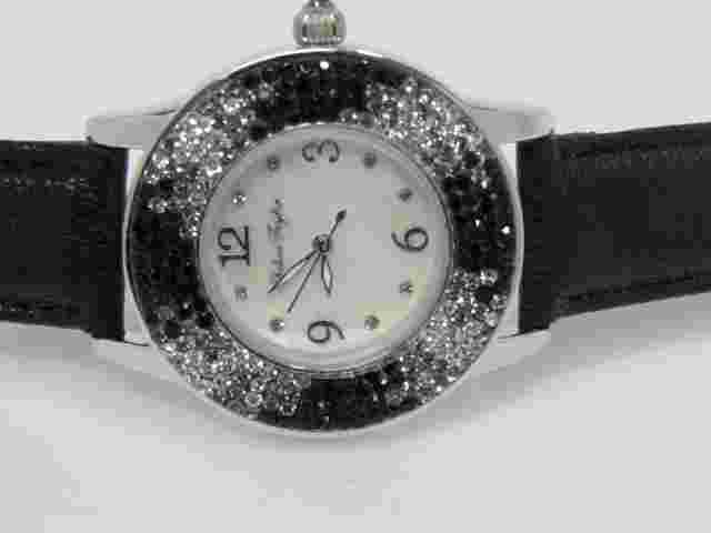 Chelsea Taylor Crystal Round Mother-of-Pearl Dial Leather Strap Watch  Black