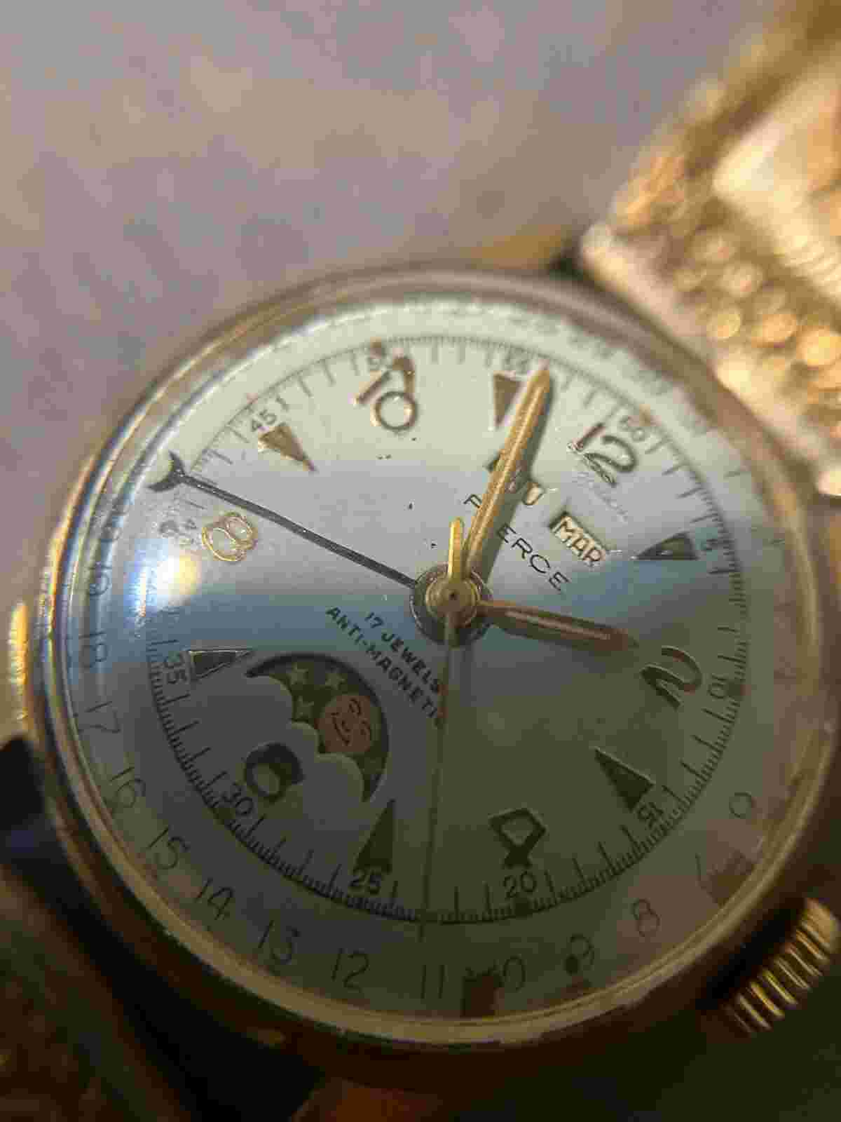 Vintage PIERCE Moon Phase Triple Calendar Watch Sterling Silver Strap Working 32