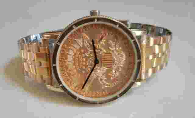 Men's Gold Finish Fashion Twenty Dollar Coin  Dressy Fun Watch