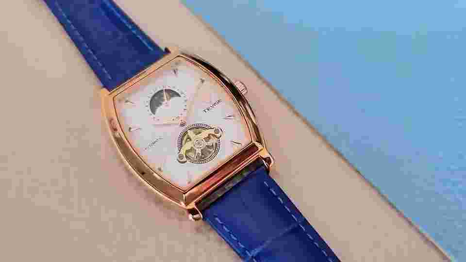 Mens Rose Gold Moon Phase Automatic Mechanical Watch Blue Leather 24HR Dial