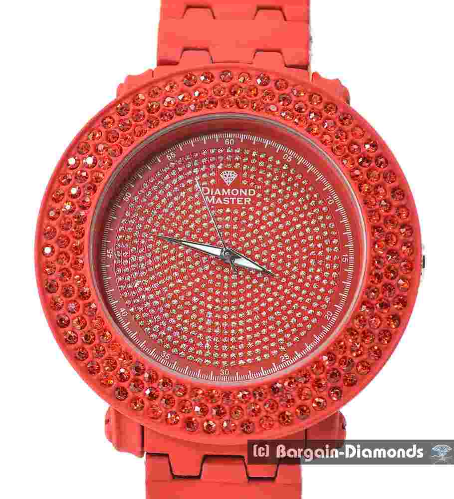 Mens 59 mm Natural Diamond Red Clubbing Watch Bling Dial 2 Bezels 8" Bracelet