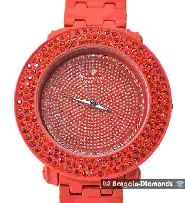Mens 59 mm Natural Diamond Red Clubbing Watch Bling Dial 2 Bezels 8" Bracelet