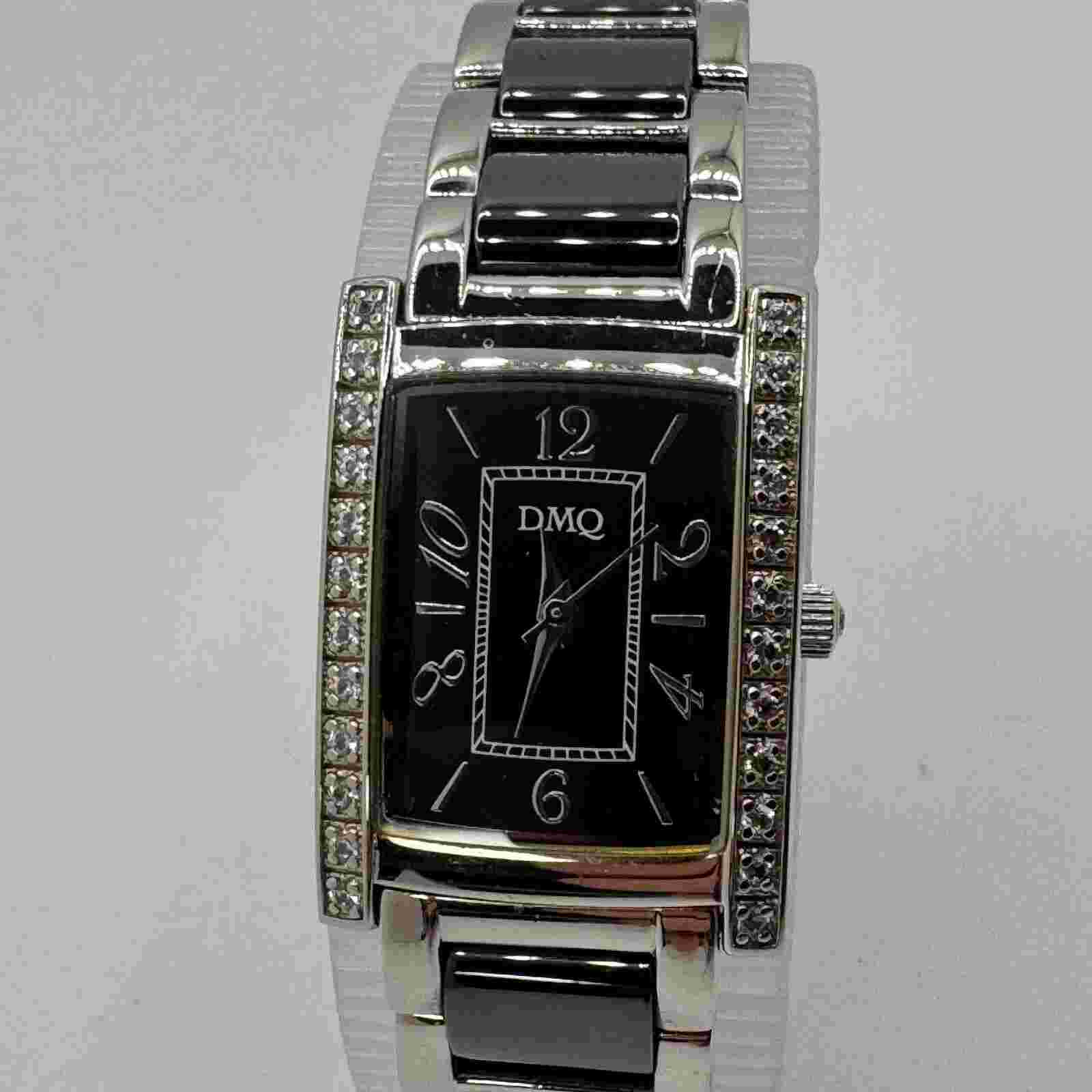 DMQ Quartz Watch DQ/1169 Women Silver Black CZ Diamonds Rectangle New Batte 6.5"