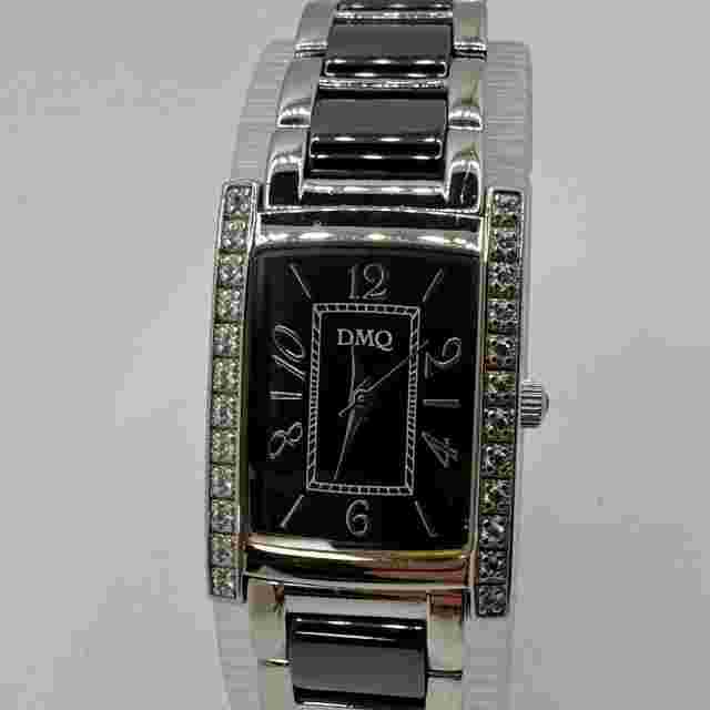DMQ Quartz Watch DQ/1169 Women Silver Black CZ Diamonds Rectangle New Batte 6.5"