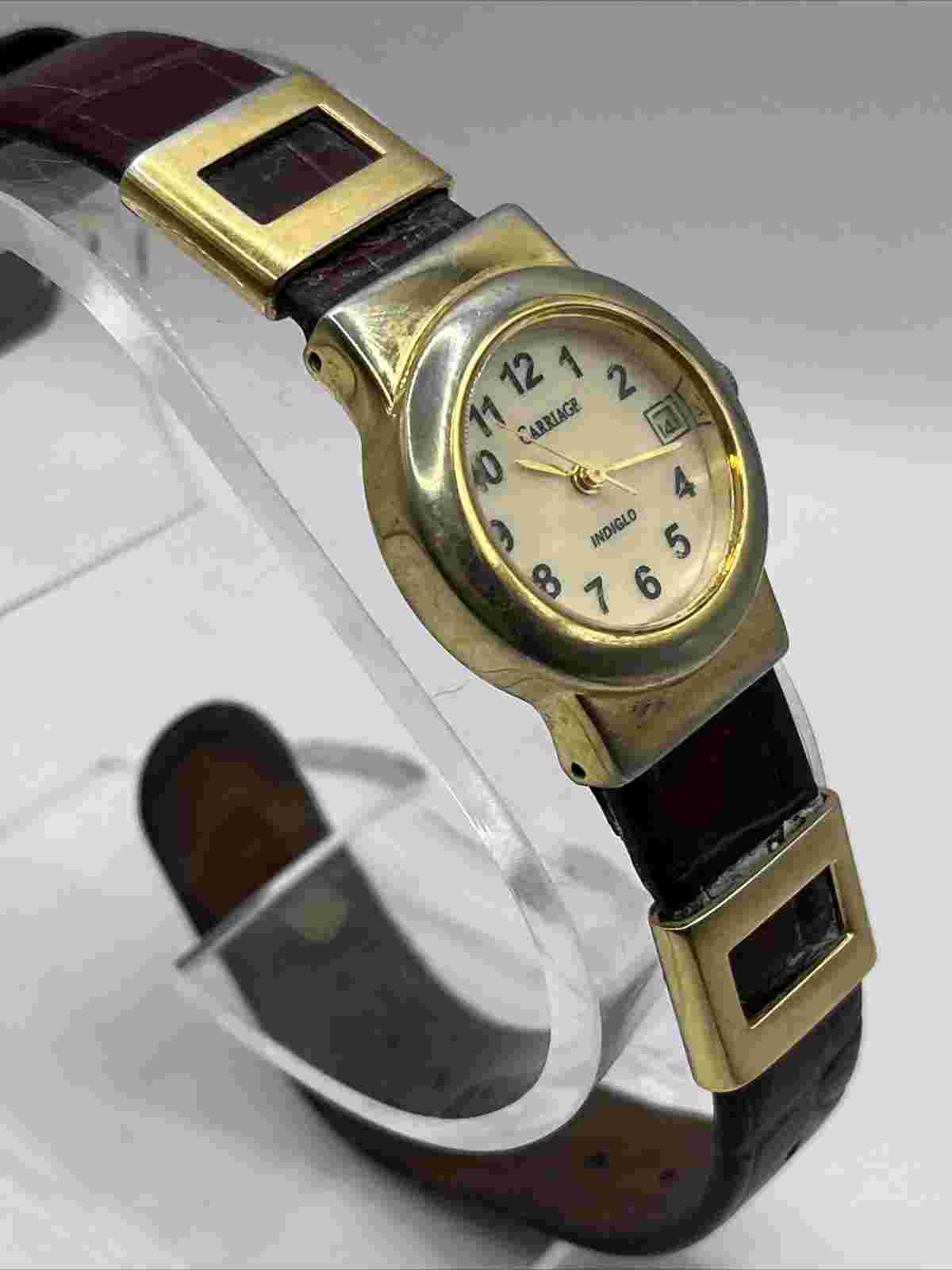 Vintage Carriage Indiglo Gold Tone Case Brown Leather Band- New Battery