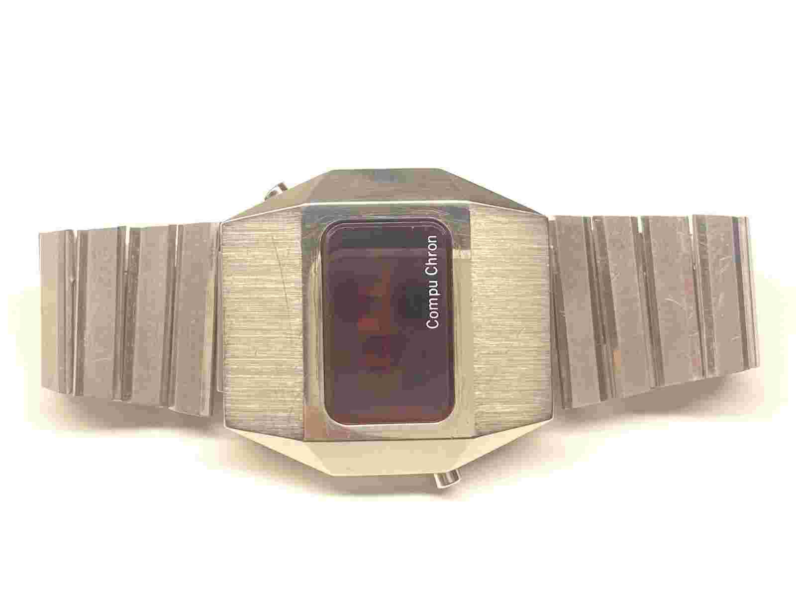 compu chron led stainless steel wristwatch time seconds date with box & paper