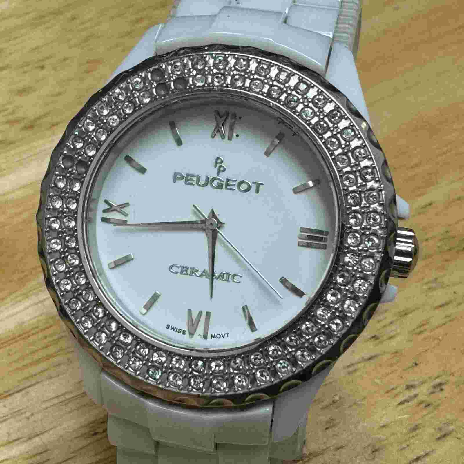 Peugeot Swiss Quartz Watch Lady White Ceramic Faux Diamond Analog New Battery 6"