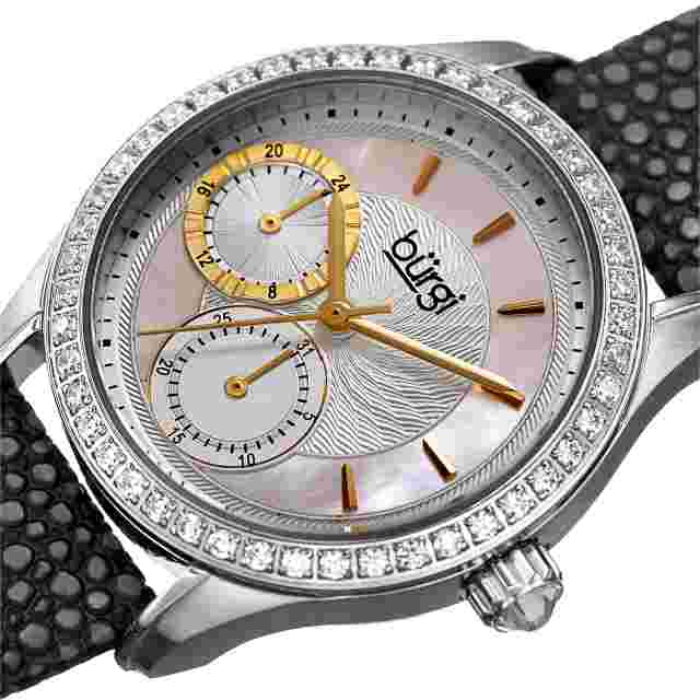 Women's Burgi BUR160BK 24 Hour Indicator CZ Bezel Mother of Pearl Date Watch