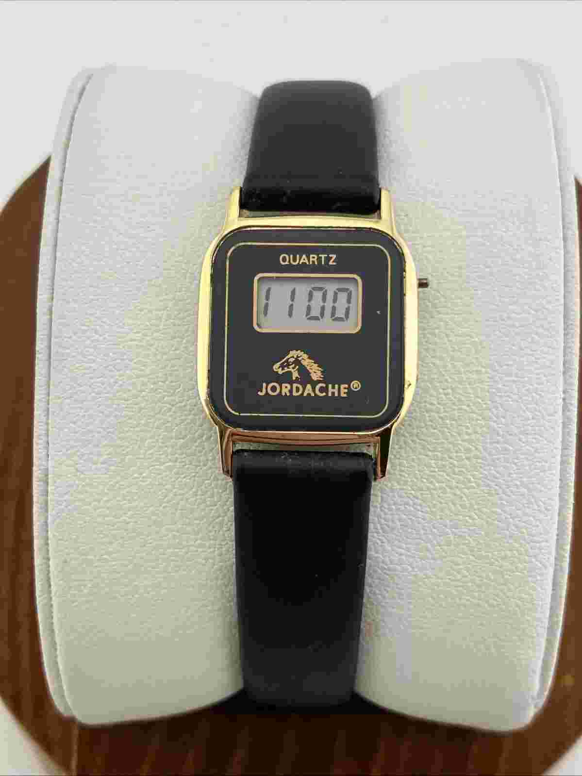 Vtg Jordache Ladies 11mm Watch Digital LCD Gold & Black Tone Petite - RUNS