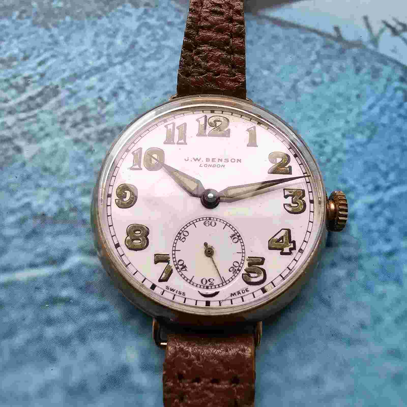 Vintage 9k Solid Gold J W Benson Trench Men's Watch 9ct