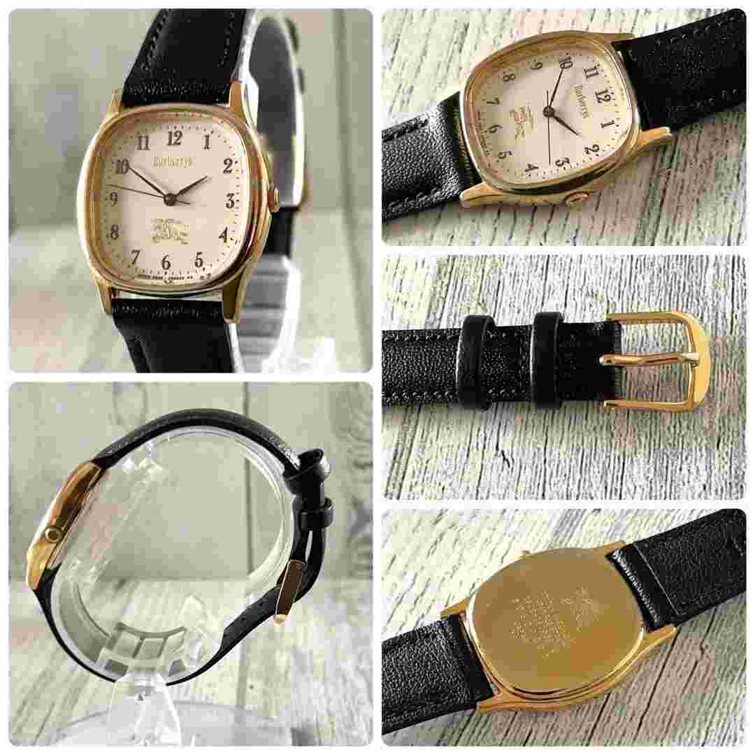 Burberrys analog watch square ladies battery replaced gold black belt 23mm used