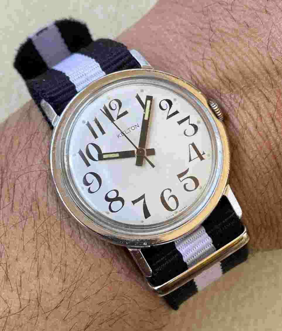 Vintage Kelton Watch Handwinding Arabic Numerals Dial White Timex Watch Case