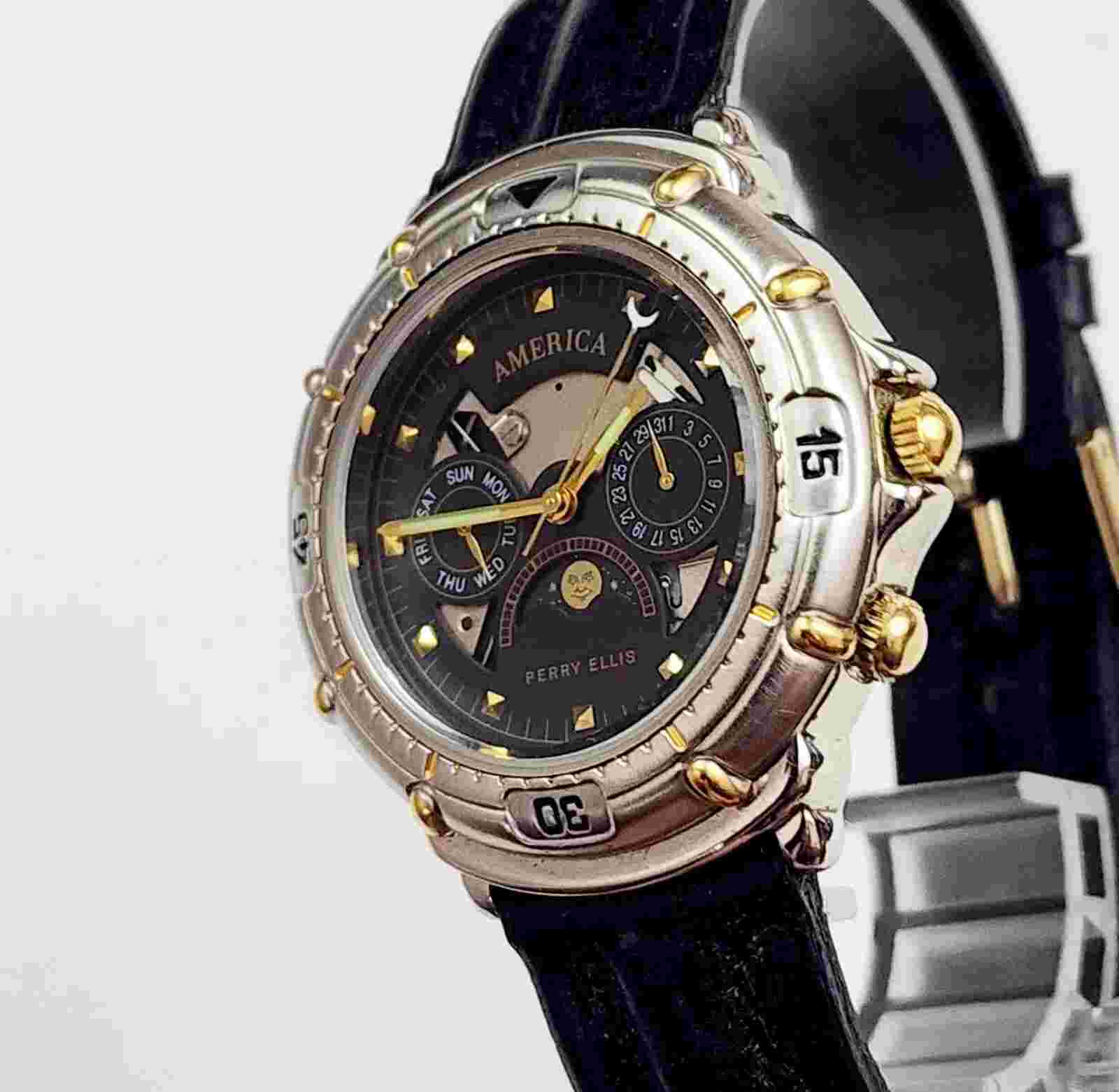 RARE Mens Vintage 90's MULTIFUNCTION MOONPHASE Watch AMERICA PERRY ELLIS APE1516