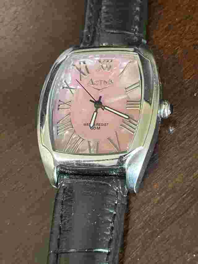 Activa Swiss Pink Pearl Dial Black Leather Band Quartz Ladies Watch Unisex