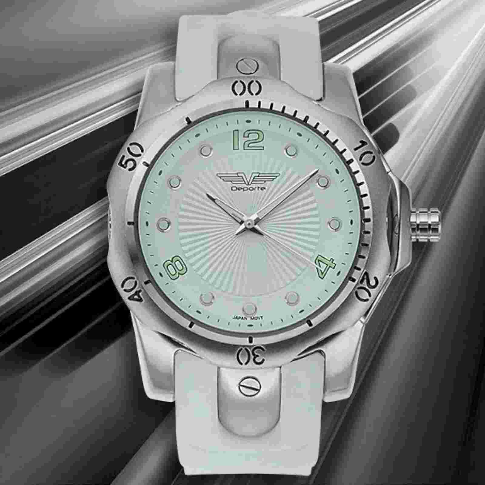 Deporte 9849 Mens Toretta Silver Case White Silicone w/Green Watch huge man
