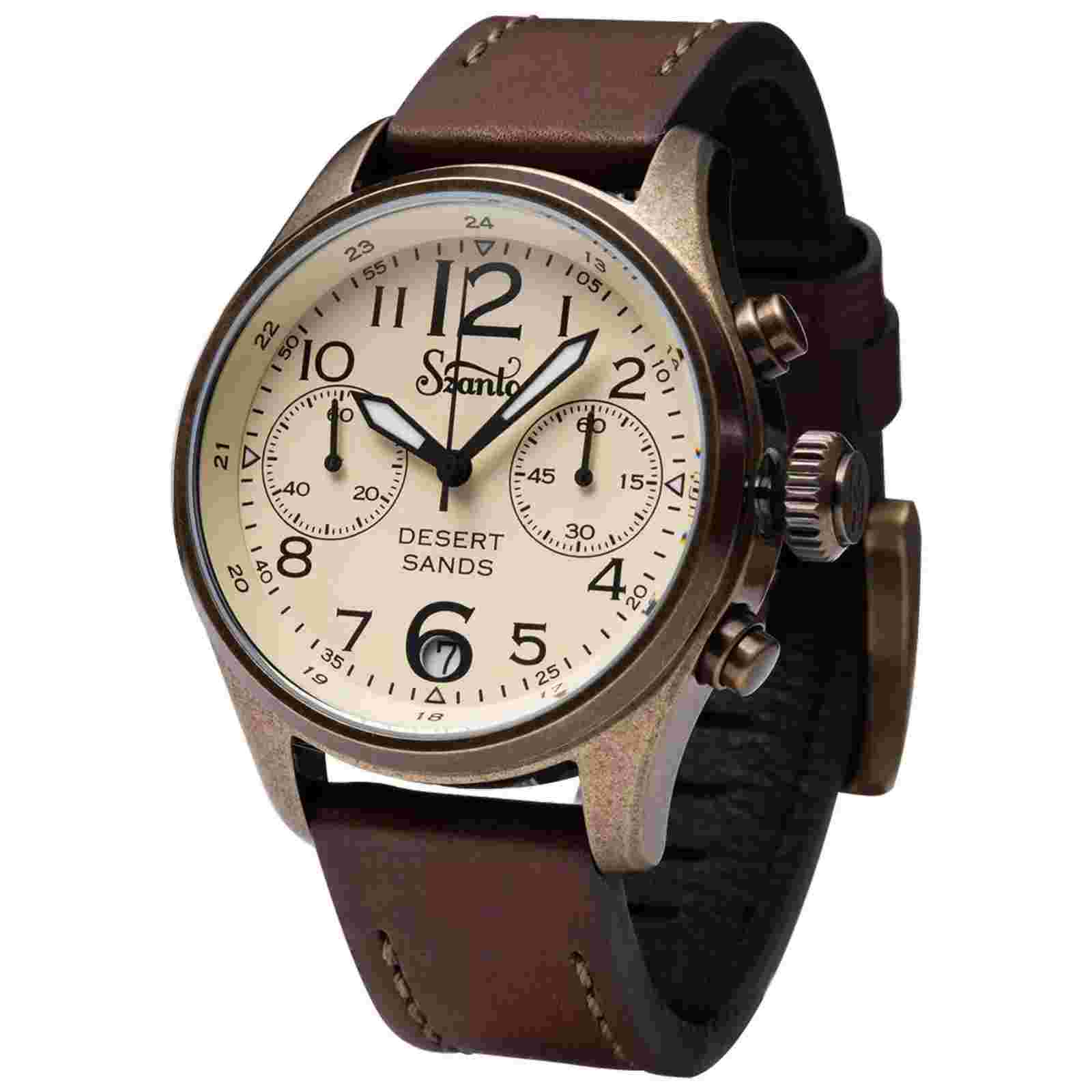 Szanto Pilot 41MM Watch - A. Gold Case Ivory Dial Brown Strap SZ4553