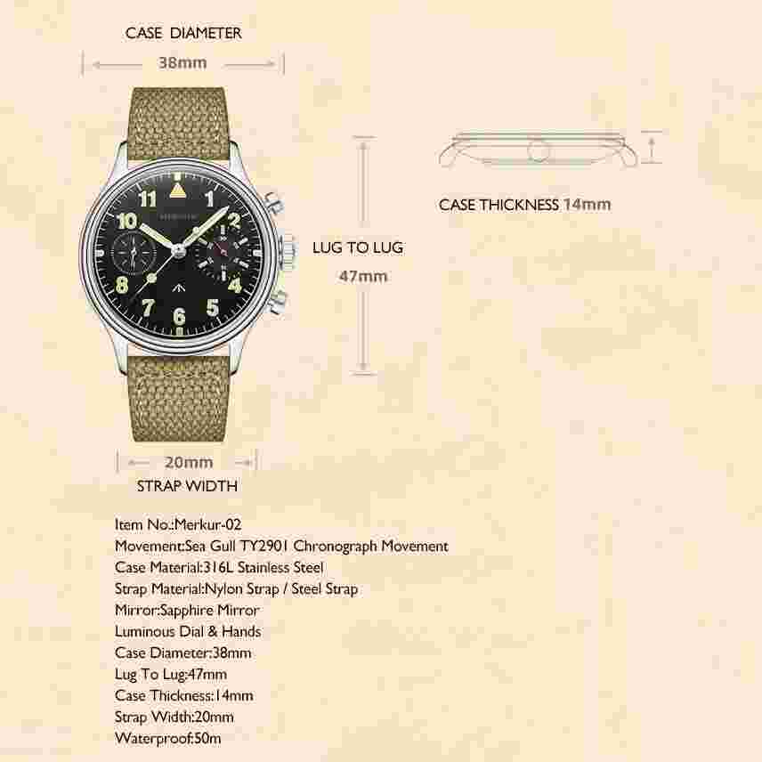 MERKUR Mens Chronograph Watches Pilot Manual Wind Mechanical Wristwatch TY2901
