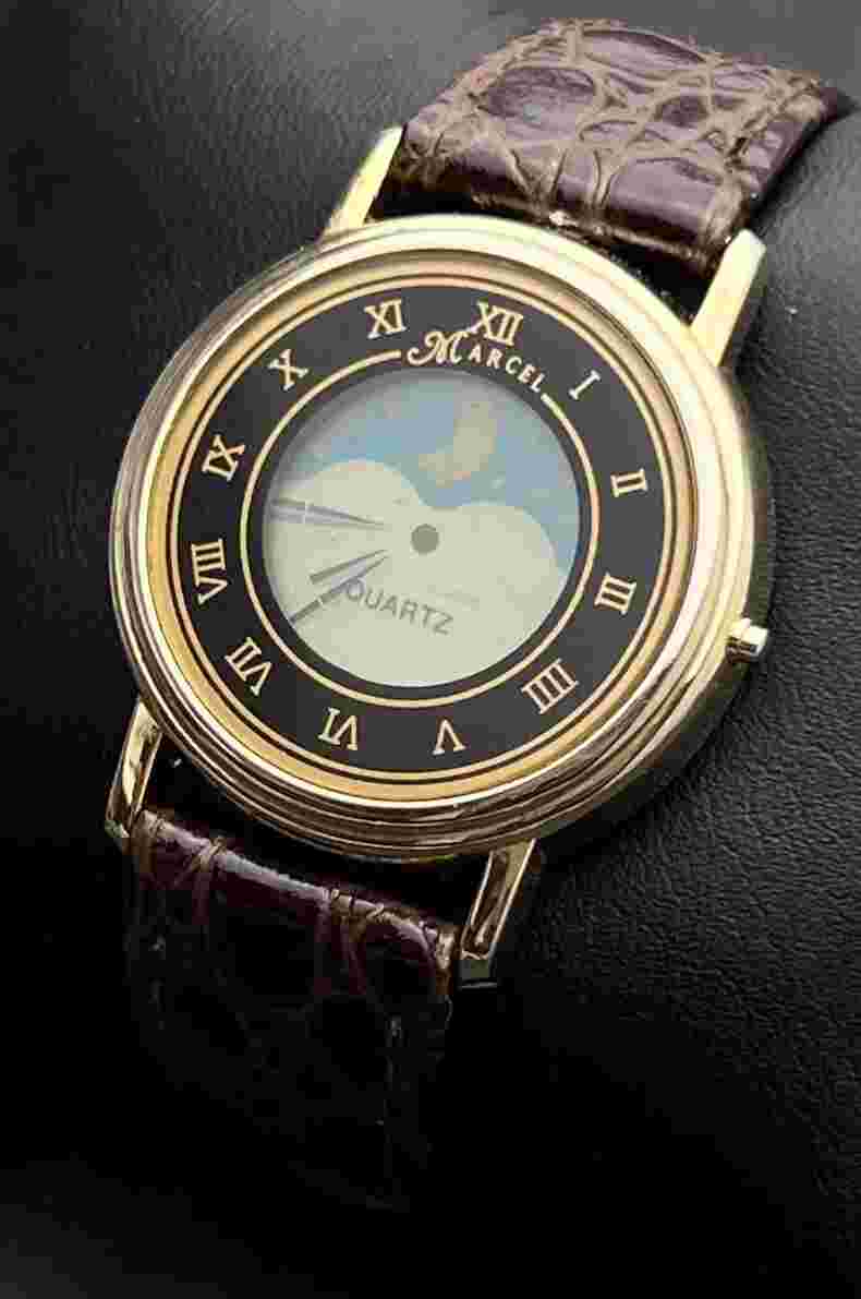 Vintage New MARCEL Digital Hands Men’s 36mm Quartz Watch Gold Case Brown Leather