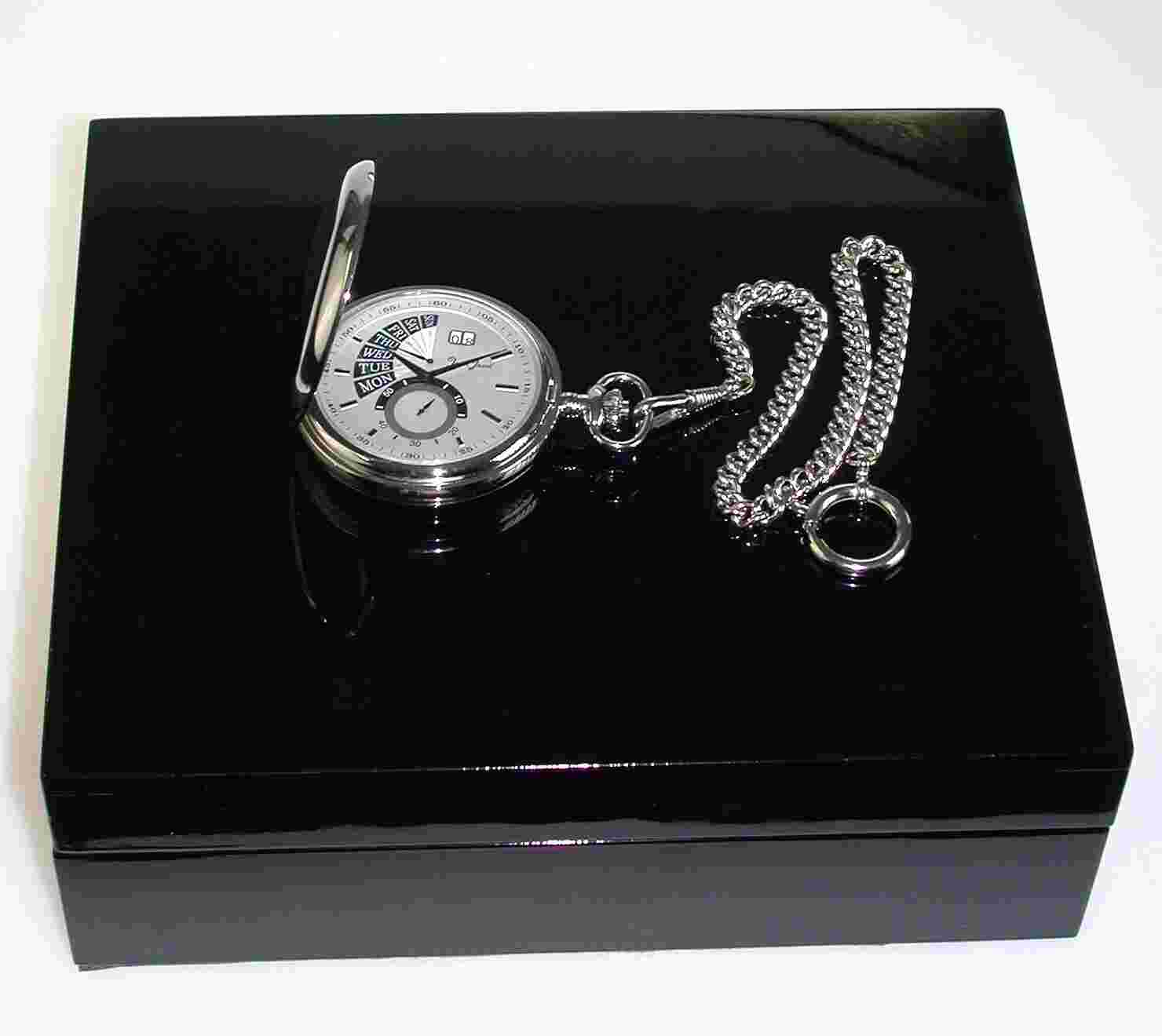 Rare Jean Jacot Swiss Movt. Quartz Pocket Watch + Wood Box + Chain