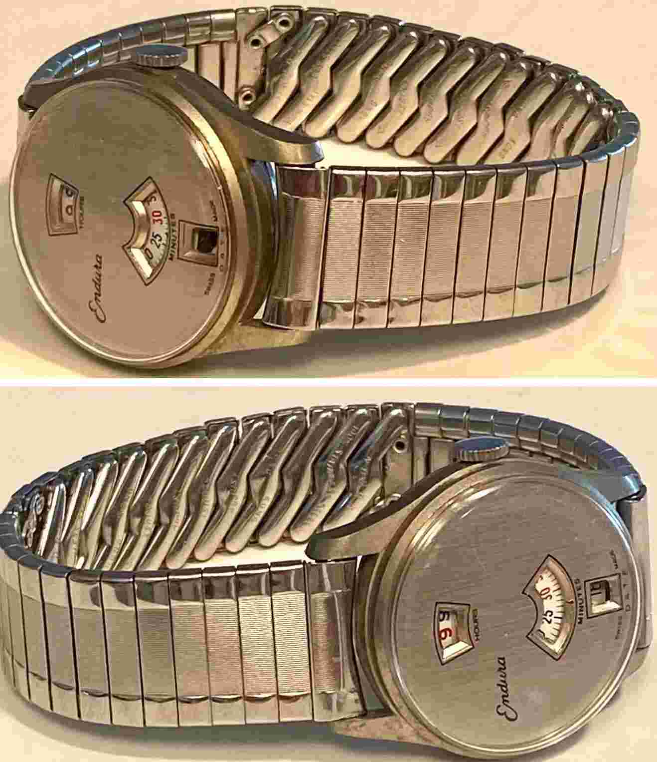 Vintage 1960s JUMP HOUR w/ Date Mechanical 30mm Silvertone Bracelet ENDURA Watch
