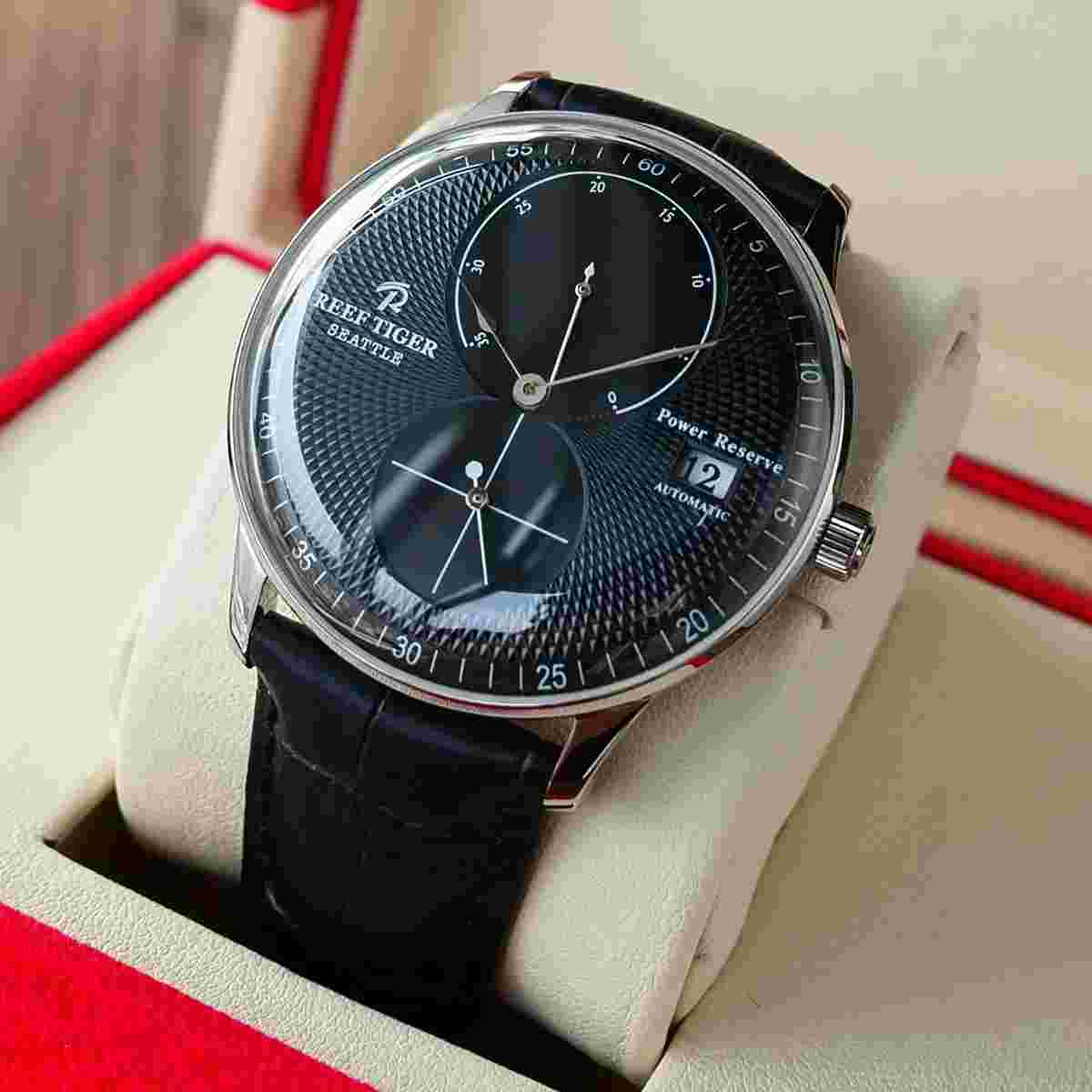 Reef Tiger RT Luxury Dress Watch Multi Function Leather Strap Automatic Watch