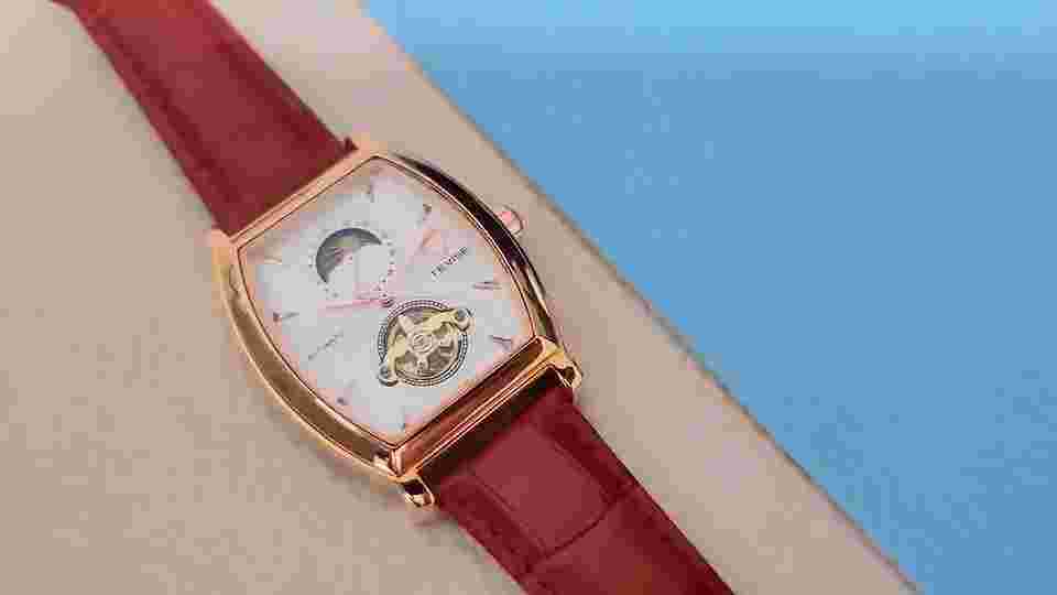 Mens Rose Gold Moon Phase Automatic Mechanical Watch Red Leather 24HR Dial