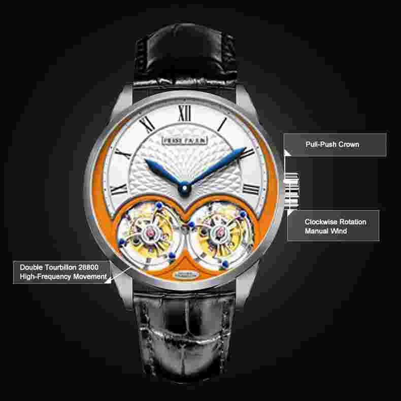 MERKUR Men Luxury Watch Real Double Tourbillon Mechanical Wristwatch Roman Scale