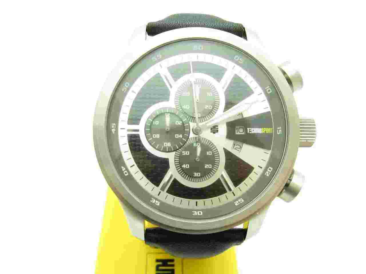 TECHNO SPORT CHRONOGRAPH STAINLESS STEEL BLACK LEATHER STRAP LARGE FACE WATCH