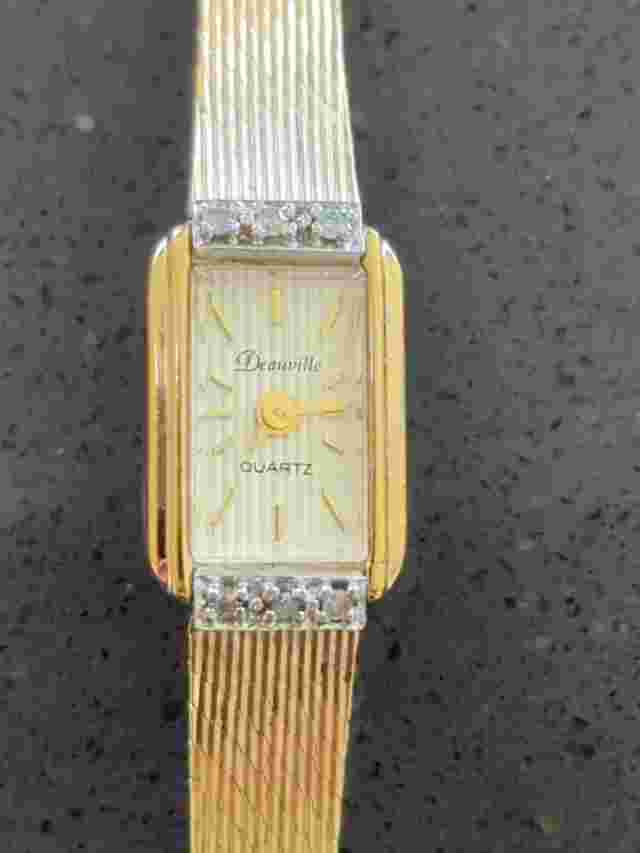 Vintage DEAUVILLE Diamond Tank Women’s Swiss Quartz Watch Gold Case Dial C55