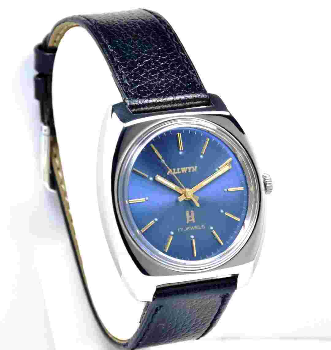 Rare Allwyn Blue Face 17 Jewels Men's Hand Winding Wrist Watch Case 37 mm