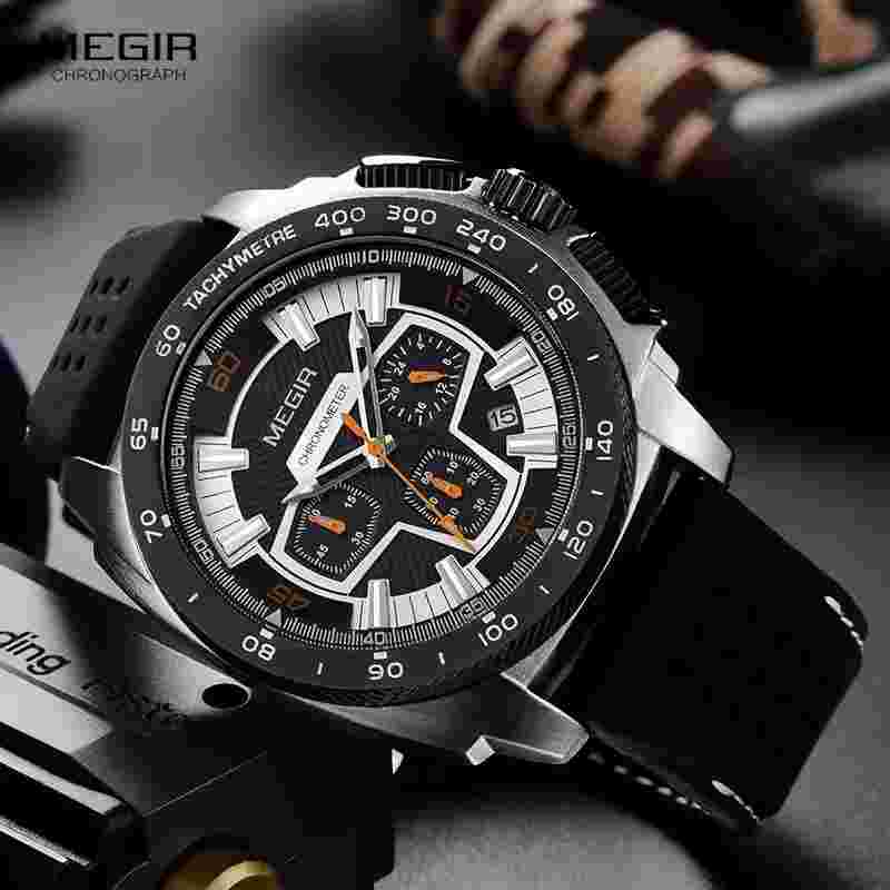 Megir Men's Watch Chronograph Quartz Watches Silicone Band Sports Watch For Men