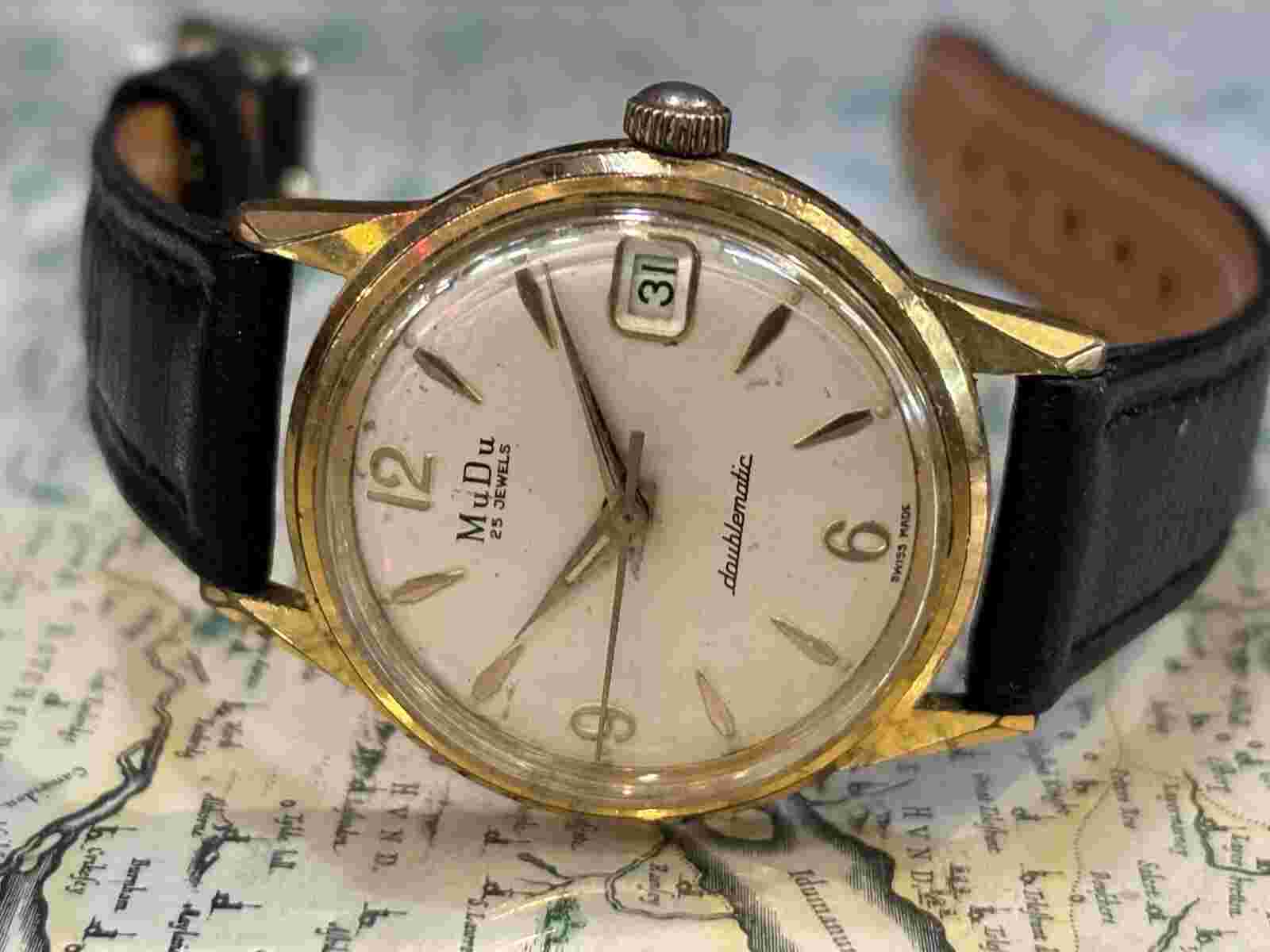 Men’s Vintage Mudu Doublematic Sword Hands Date Function Gold Plated Watch