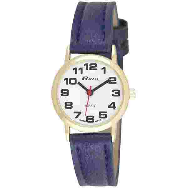Ravel Womens Bold BIG NUMBERS Ladies Watch With Gold Casing Navy Blue  Strap