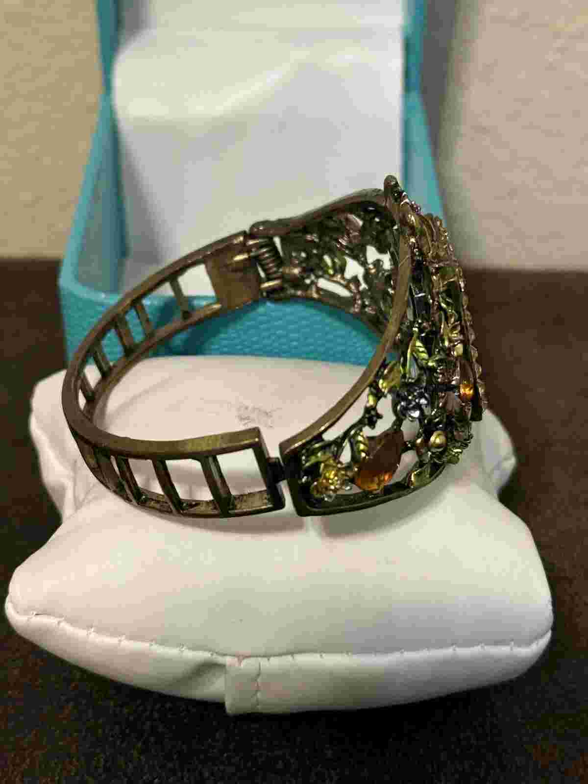 Vintage CATO Quartz Watch Bronze Tone Filigree Open Bangle Band Rhinestones Box