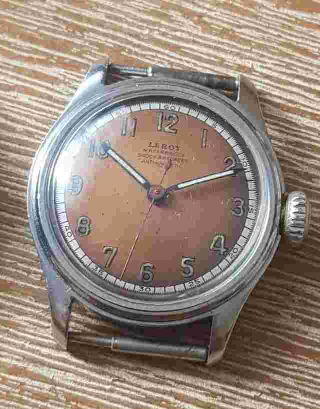 Vintage Leroy WWII era Military Style Steel Watch Tropical Two Tone Dial