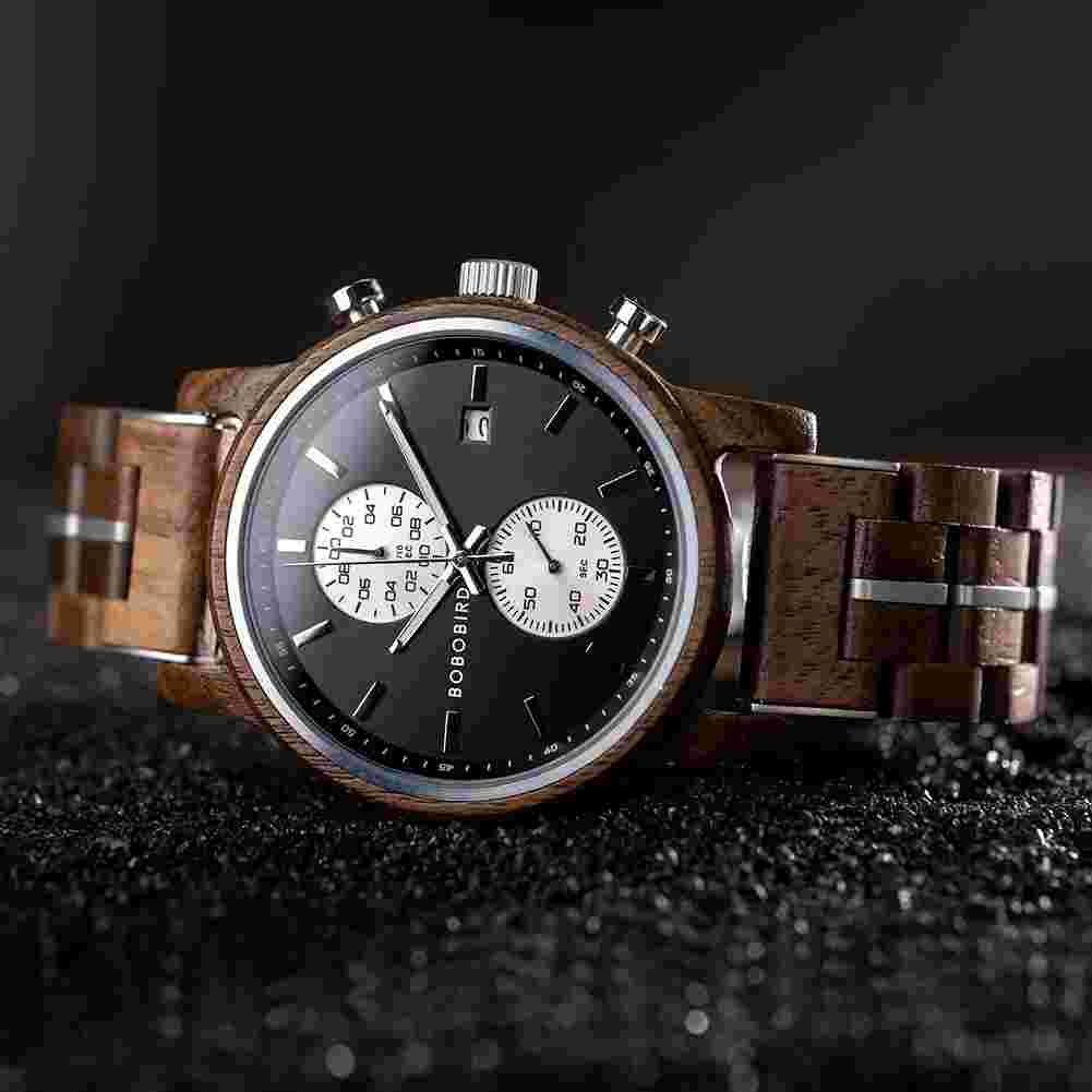 Bobo Bird - Men’s Wooden Watches Classic walnut Wood Silver Chronograph