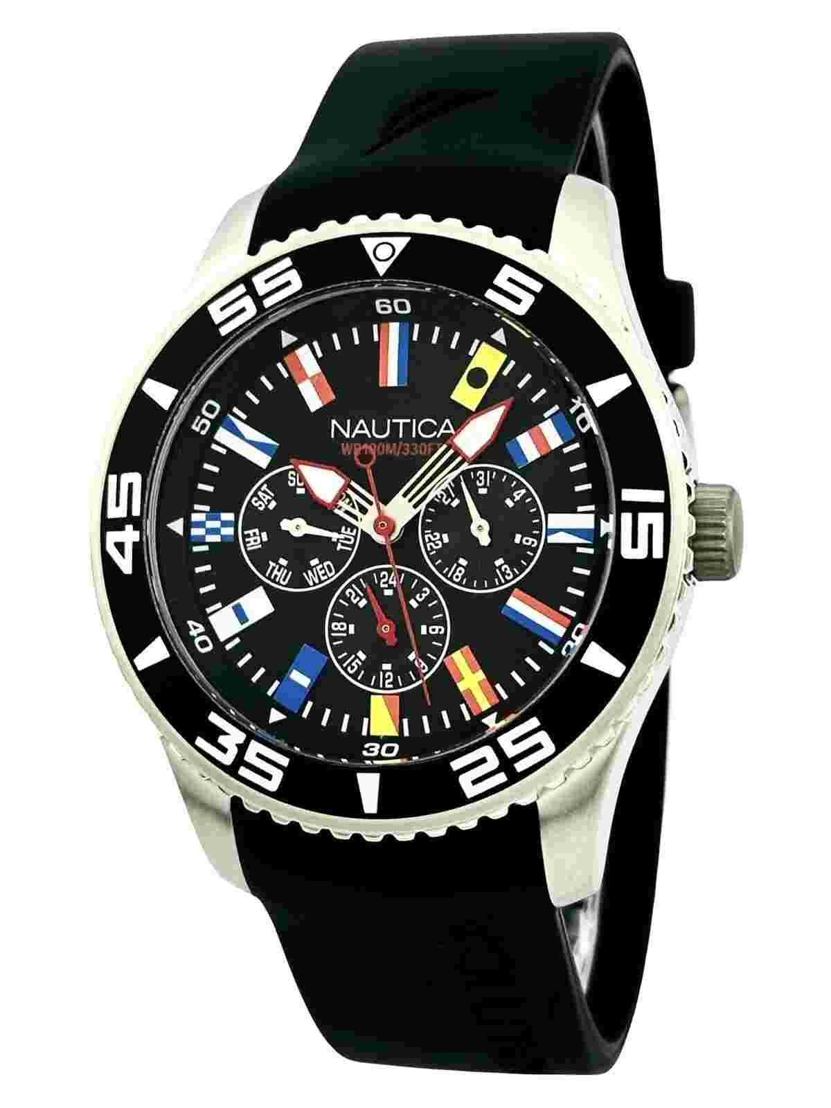 Nautica Men's A12626G 44mm Black Rubber Band Steel Case Quartz FLAGS Watch