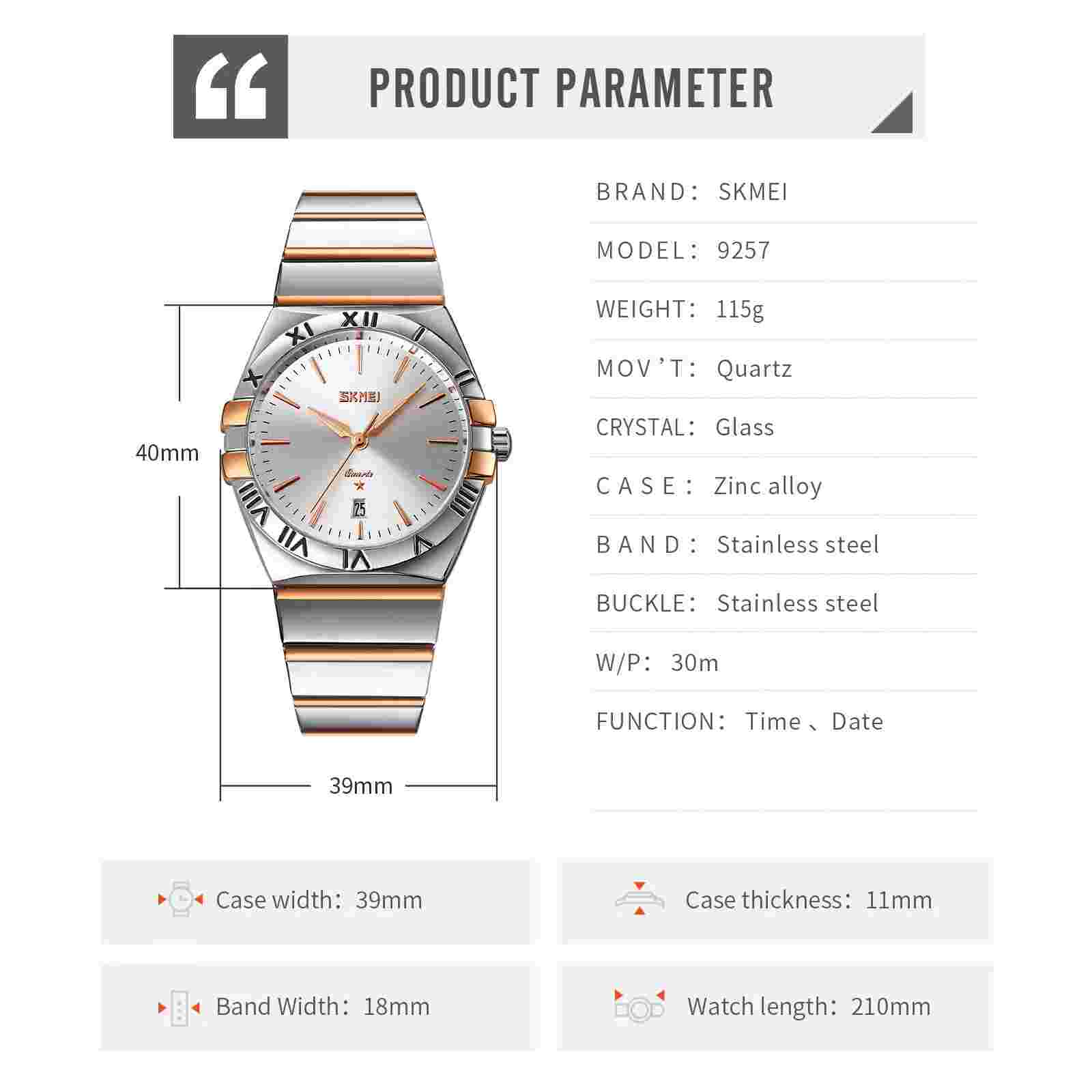 Mens Wristwatch 30M Water Resistant Stainless Steel Analog Quartz Watches 9257