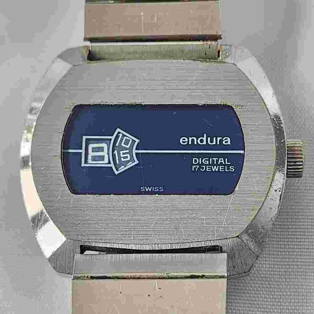 Endura Swiss Digital Jump Hour Watch 17 Jewels Vintage Retro Silver Blue Dial
