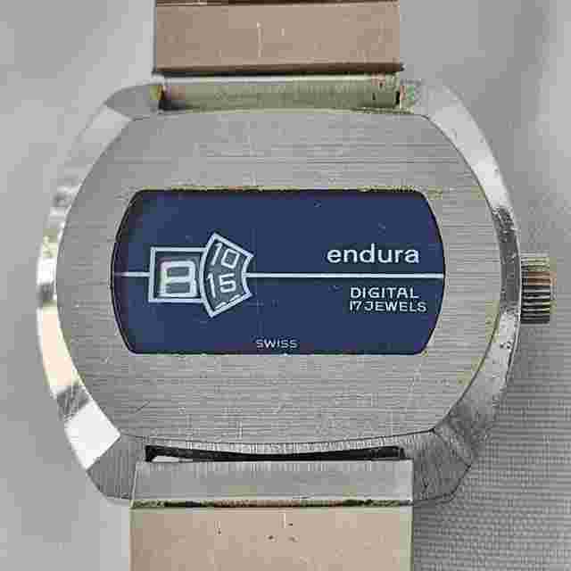 Endura Swiss Digital Jump Hour Watch 17 Jewels Vintage Retro Silver Blue Dial