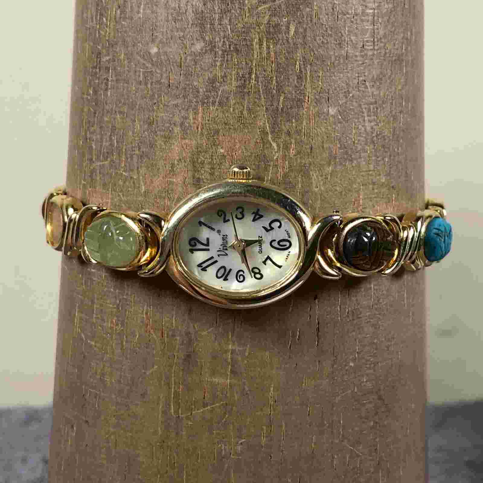 Vivani Women 6003 Scarab Stones Bracelet Gemstone Quartz Watch 7 3/4"
