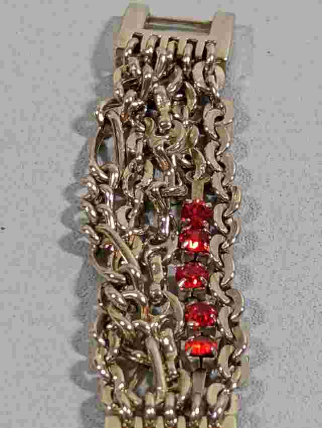 Minicci Red Dial Gold Tone Rectangle Case Red Crystal Accent Chain Band Watch