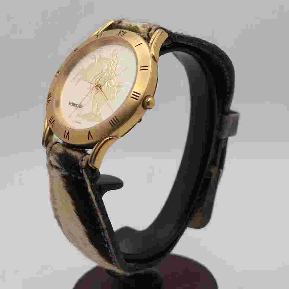 VTG  RARE Wrangler Bull Riding 2 Tone SS Wristwatch w Cowhide & Silver Tip Band