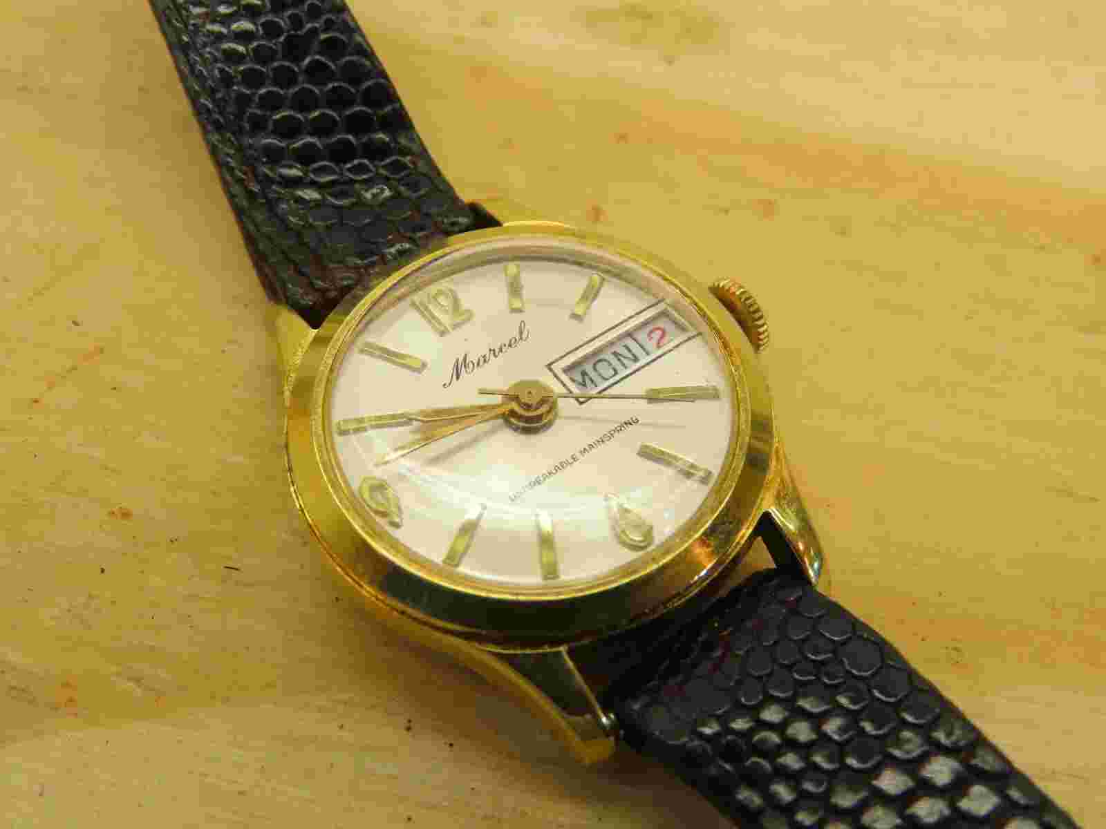 Vintage Marcel Calendar Wristwatch Swiss Genuine Lizard Strap