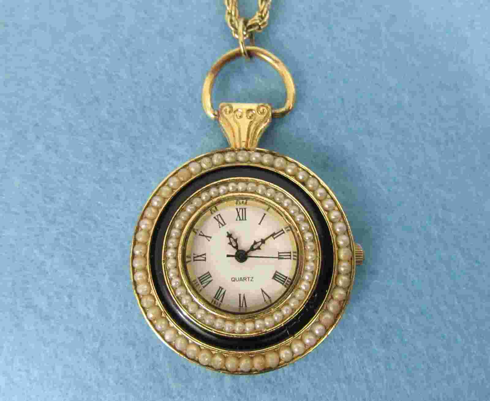 Vintage Haband 12" NECKLACE WATCH Embellished w Faux Pearls & Enamel - Gold Tone