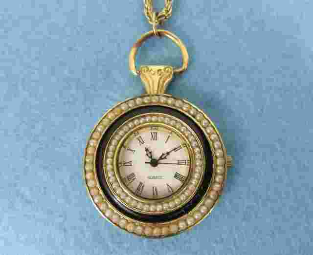 Vintage Haband 12" NECKLACE WATCH Embellished w Faux Pearls & Enamel - Gold Tone