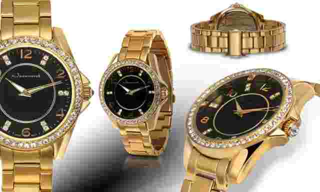 Jeanneret 2003 Rosetta Swarovski Crystals Black Dial Gold Bracelet Watch
