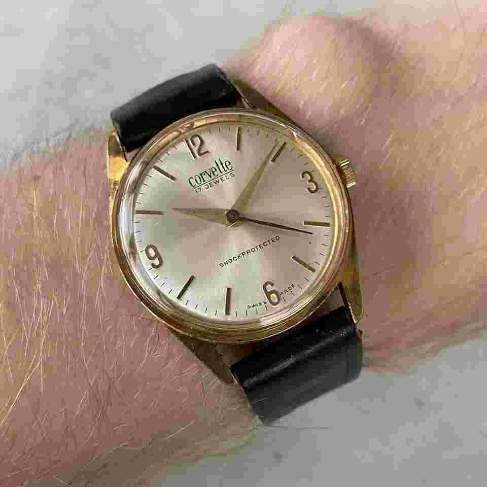 Vintage Corvette Manual Wind Gold Plated Swiss 17J Watch - Needs Service