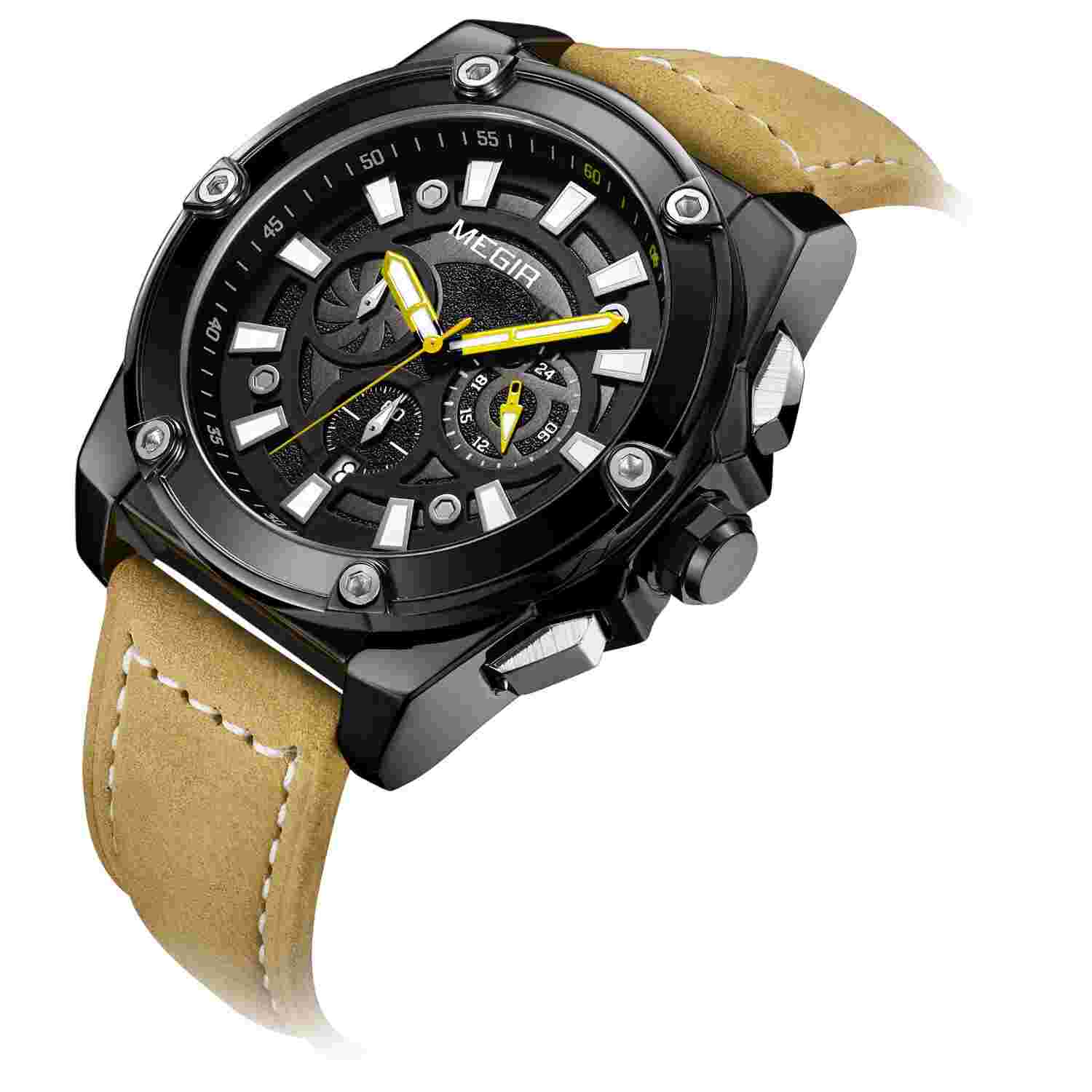 MEGIR Business Quartz Chronograph Mens Casual Watch Leather Wrist Sports Fashion